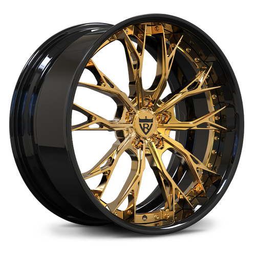 Black and polished frozen gold 2-piece forged wheels for Tesla Model Y staggered fitment.