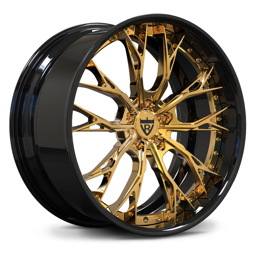Black and polished frozen gold 2-piece forged wheels for Tesla Model Y staggered fitment.
