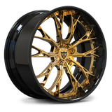 Black and polished frozen gold 2-piece forged wheels for Tesla Model Y staggered fitment.