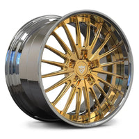Custom Frozen Gold finish on RV-DC08 forged wheel, featuring a deep dish Chrome lip for maximum visual impact.