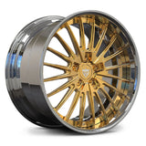 Custom Frozen Gold finish on RV-DC08 forged wheel, featuring a deep dish Chrome lip for maximum visual impact.