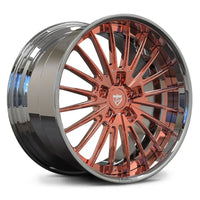 Bespoke RV-DC08 forged wheel with Chrome lip and Polish Rose Gold center, luxury multi-spoke design for elite builds.
