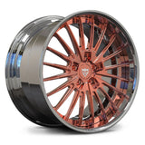 Bespoke RV-DC08 forged wheel with Chrome lip and Polish Rose Gold center, luxury multi-spoke design for elite builds.
