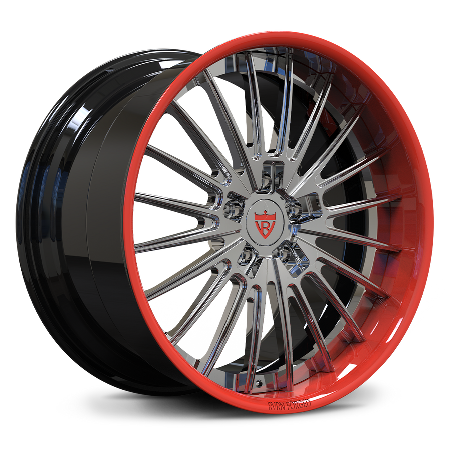 RV-DC08 custom 2-piece forged wheel in Gloss Black and Chrome with a RVRN Red lip, aggressive deep dish for Corvette C8.