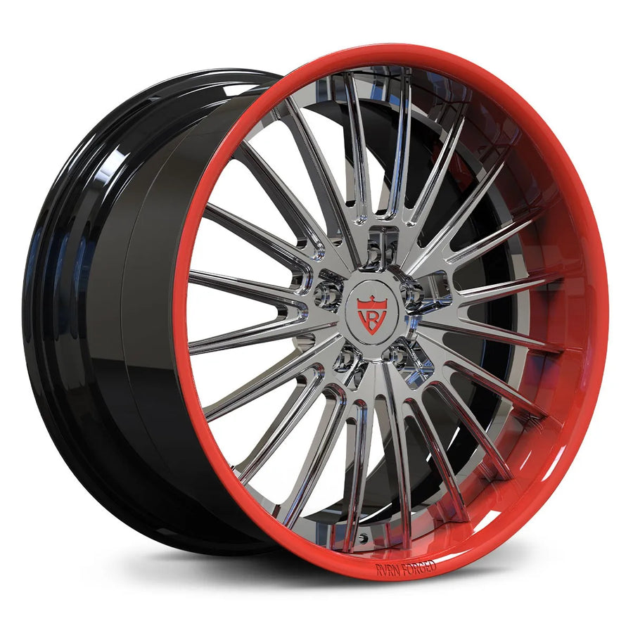 Angled view of RV-DC08 deep dish forged wheel, showcasing the intricate multi-spoke architecture and precision finish.