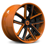 RV-DC10 forged wheels color-matched to Corvette Amplify Orange paint code, 2-piece modular 20/21 inch staggered construction for C8 Z06 fitment.