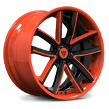 RV-DC10 custom forged 20-inch front wheels in Daytona Sunrise Orange finish, engineered for extreme staggered performance on modern Corvette platforms.