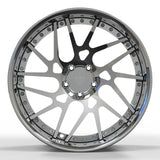 Direct face view of the RV-DC11 chrome forged rim, highlighting the aero-inspired directional turbine design for mid-engine Corvettes.