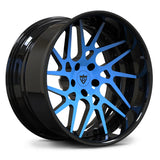 RV-DC11 directional forged wheels in Rapid Blue and Gloss Black, optimized for visual motion and performance on Corvette C8.