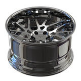 Angled view of RV-DC11 mirror chrome forged wheel showing the extreme deep dish lip and staggered offset for Corvette C8 Z06.