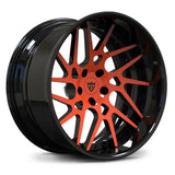 Bespoke RV-DC11 forged wheels in Daytona Sunrise Orange and black, engineered for a staggered fitment on Corvette C8 Stingray.