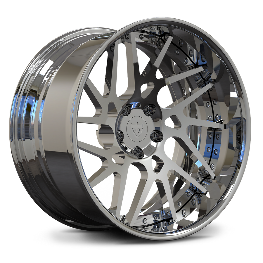 RVRN RV-DC11 custom 2-piece forged directional wheel in Mirror Chrome finish, specifically engineered for Corvette C8 Stingray performance fitment.