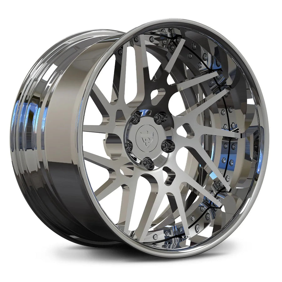 Close-up detail of the directional turbine spokes on a custom chrome RV-DC11 forged wheel, showcasing 6061-T6 machining precision.