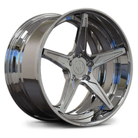 High-contrast mirror chrome forged wheel for BMW M5, featuring a precision-machined 5-spoke directional face.