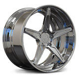 High-contrast mirror chrome forged wheel for BMW M5, featuring a precision-machined 5-spoke directional face.