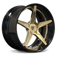 Custom RV-DC17 2-piece forged wheel combining a gloss black center with a polished frozen gold lip, offering a sophisticated contrast for high-end automotive projects.