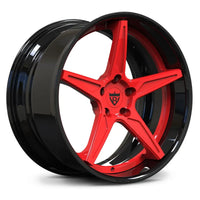 A striking two-tone RV-DC17 wheel with a gloss black face and vibrant red inner barrel, engineered for aggressive JDM and performance car aesthetics.