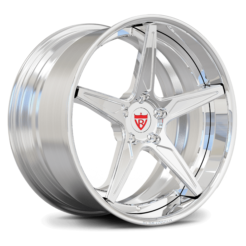 A detailed side-profile view of the RV-DC17 polished 2-piece forged wheel, showcasing the classic 5-spoke design and deep concave depth suitable for Acura NSX fitment.