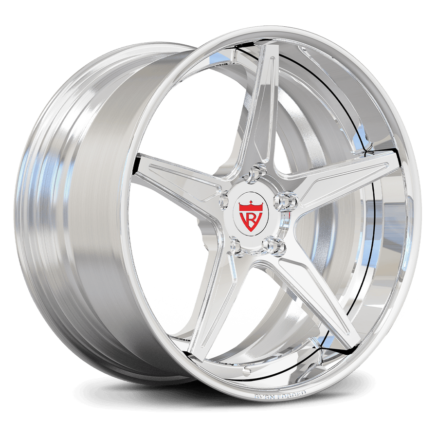 A detailed side-profile view of the RV-DC17 polished 2-piece forged wheel, showcasing the classic 5-spoke design and deep concave depth suitable for Acura NSX fitment.
