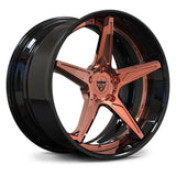 RV-DC18 gloss black and rose gold deep lip custom forged wheel with concave 5-spoke design for Porsche, Mustang and premium sports-car builds