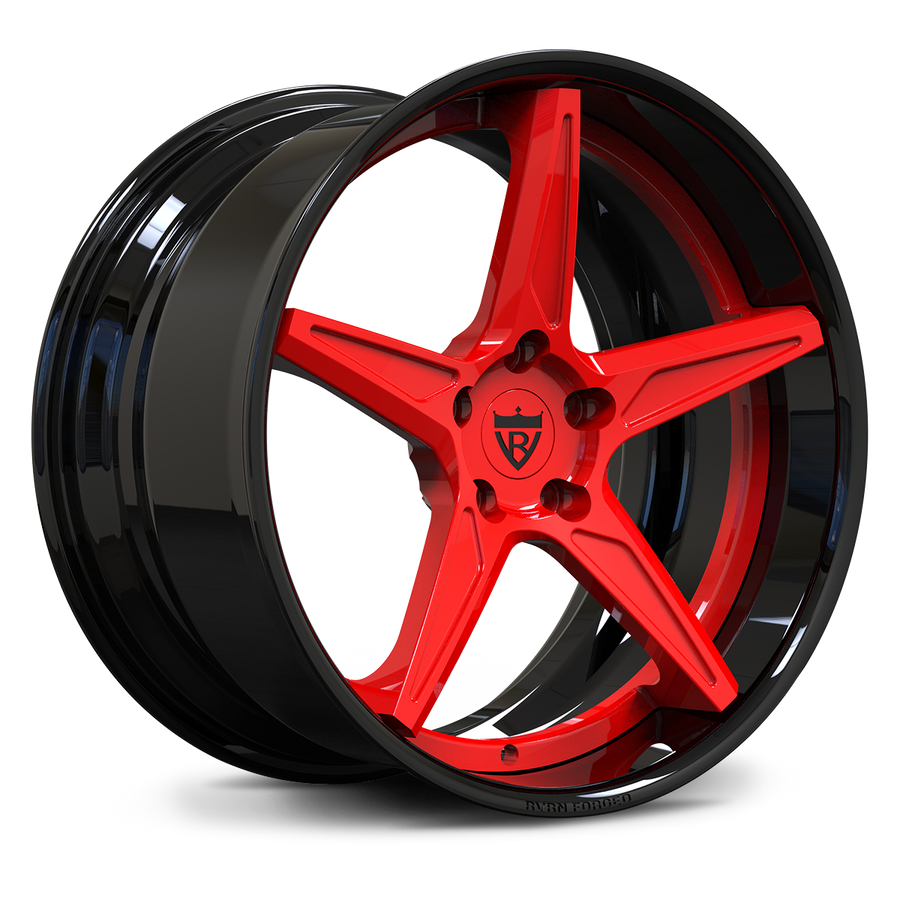 RV-DC18 gloss black and RVRN red custom forged wheel with deep concave deep lip 5-spoke design for Corvette, BMW M and Porsche builds
