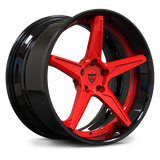 RV-DC18 gloss black and RVRN red custom forged wheel with deep concave deep lip 5-spoke design for Corvette, BMW M and Porsche builds
