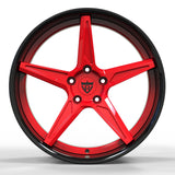 RV-DC18 gloss black and RVRN red deep concave forged wheel front view with aggressive 5-spoke styling for C8, C7 and high-performance builds