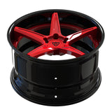 RV-DC18 gloss black and RVRN red custom forged wheel top view showing deep lip and 5-spoke concave design for Corvette and JDM builds