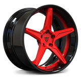 RV-DC18 gloss black and RVRN red deep lip custom forged wheel with aggressive concave 5-spoke styling for Mustang, Shelby and Supra builds