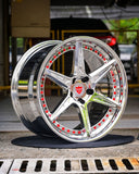 Close-up of RV-DC19 forged wheel showing chrome finish and red hardware accents