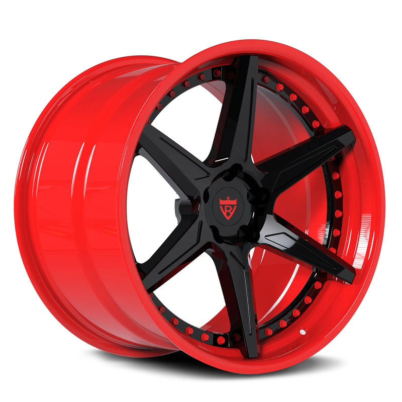 RV-DC19 custom 2-piece forged wheel featuring black spokes and a deep concave red rim for Dodge Charger and Challenger performance builds.