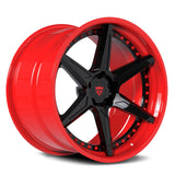 RV-DC19 custom 2-piece forged wheel featuring black spokes and a deep concave red rim for Dodge Charger and Challenger performance builds.