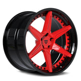 RV-DC19 5-spoke forged wheel with vibrant red spokes and a gloss black barrel, engineered for aggressive muscle car stance.