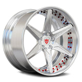 Custom RV-DC19 forged wheel in brushed silver finish with red titanium hardware accents, showing 2-piece modular construction.