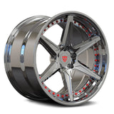 Premium RV-DC19 forged wheel with high-luster chrome finish and red hardware accents for a luxury performance look.