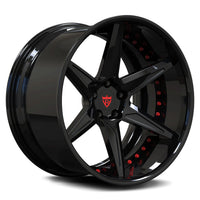 RV-DC19 2-piece custom forged wheel in sleek black finish featuring high-contrast red assembly bolts.