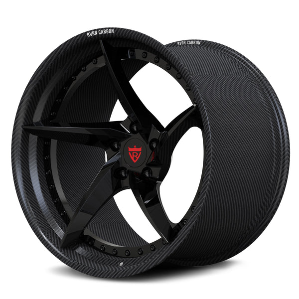 A minimalist Gloss Black forged center paired with a genuine carbon fiber structural barrel on the RV-DC35 CF hybrid wheel for Corvette C8.