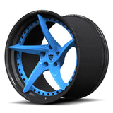 The RV-DC35 CF 2-piece performance wheel with a Rapid Blue directional center and structural dry carbon fiber rim for the Corvette C8 GS.