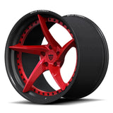 A premium RV-DC35 CF wheel featuring a Red Mist forged face and a genuine carbon fiber barrel, specifically engineered for the Corvette C8 Z06.