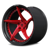 A premium RV-DC35 CF wheel featuring a Red Mist forged face and a genuine carbon fiber barrel, specifically engineered for the Corvette C8 Z06.