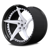 High-contrast RV-DC35 CF wheels featuring an Arctic White forged directional face and genuine dry carbon fiber construction for Corvette C8 Z06.