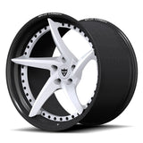 High-contrast RV-DC35 CF wheels featuring an Arctic White forged directional face and genuine dry carbon fiber construction for Corvette C8 Z06.