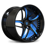 RV-DC36D performance forged wheel with blue directional spokes and black barrel.