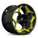 RV-DC491 custom forged 2-piece deep dish wheel with color matched Accelerate Yellow fade to black spokes and carbon fiber wrapped lip for Corvette builds