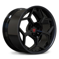 RV-DC491 custom forged 2-piece deep dish wheel with gloss black spokes, carbon fiber wrapped lip and gloss black barrel for Corvette builds