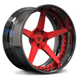 Studio shot of the RV-DF14 performance forged wheel in black chrome and red, highlighting the structural rigidity required for Mustang racing.