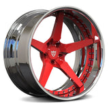 The RV-DF14 custom wheel in chrome and red, offering a high-end luxury aesthetic for Shelby GT500 and Mustang performance builds.