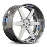 Angled RV-DF14 three-piece forged wheel for a Ford F-150 application, showing the chrome and brushed six-spoke face and deep dish profile.