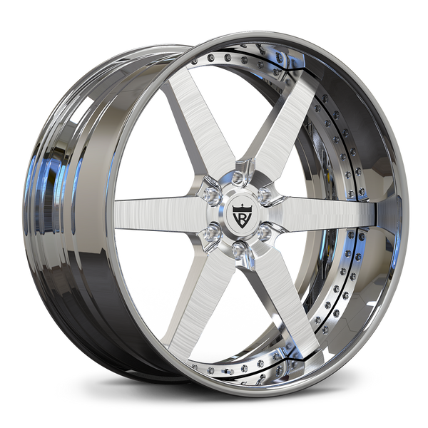 RV-DF14 chrome and brushed six-spoke wheel for a Ford F-150 application, highlighting the deep dish profile and rim hardware.