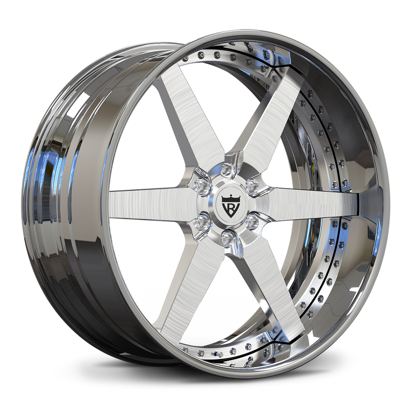 RV-DF14 chrome and brushed six-spoke wheel for a Ford F-150 application, highlighting the deep dish profile and rim hardware.